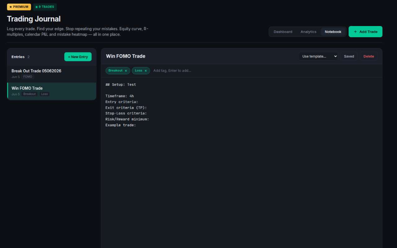 FinToolbox Trading Journal — structured Trade Notebook with daily, weekly and setup templates for trade planning and review